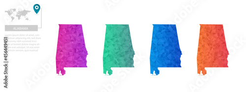 Set of vector polygonal Alabama maps. Bright gradient map of country in low poly style. Multicolored country map in geometric style for your infographics, polygonal design for your ,Vector eps10