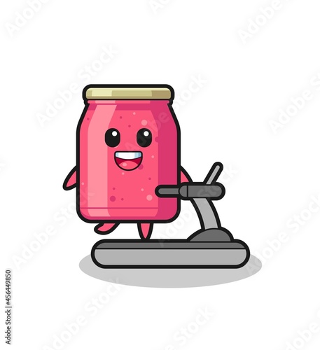 strawberry jam cartoon character walking on the treadmill