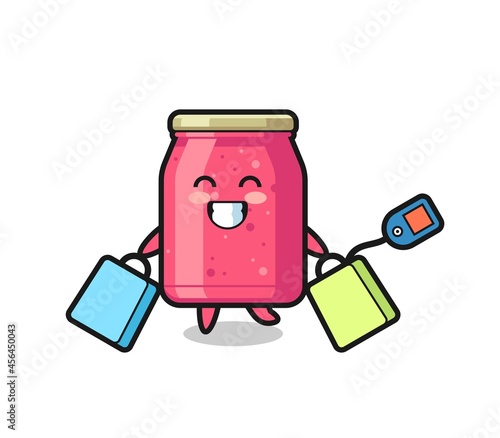strawberry jam mascot cartoon holding a shopping bag