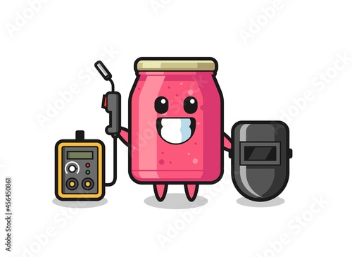 Character mascot of strawberry jam as a welder
