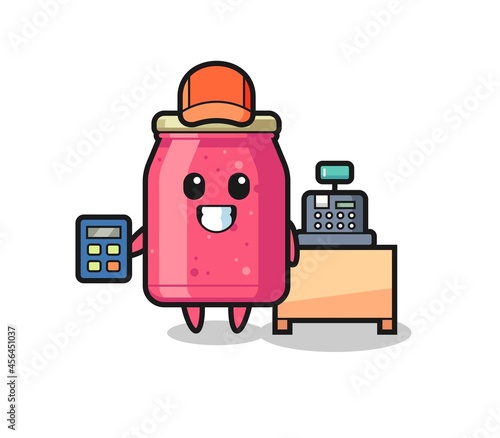Illustration of strawberry jam character as a cashier