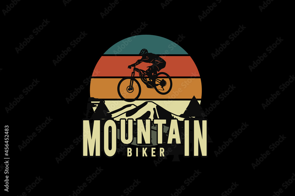Mountain biker, silhouette retro vintage style hand drawing