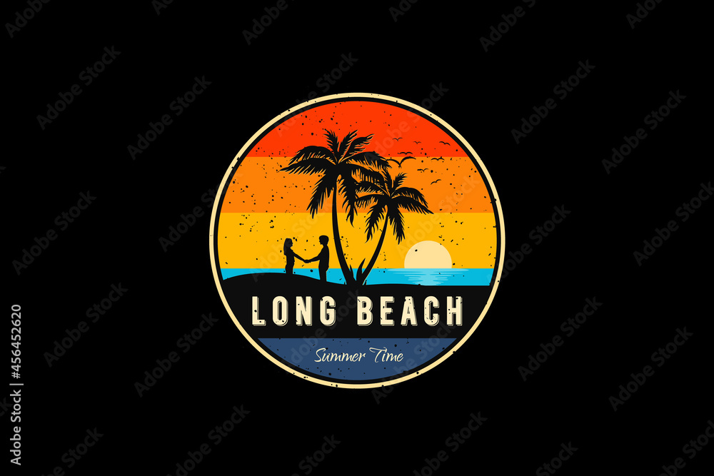 Long beach summer time, silhouette retro vintage style hand drawing
