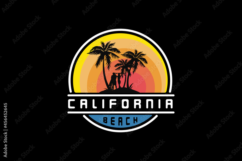 Naklejka premium California beach, silhouette retro vintage style hand drawing