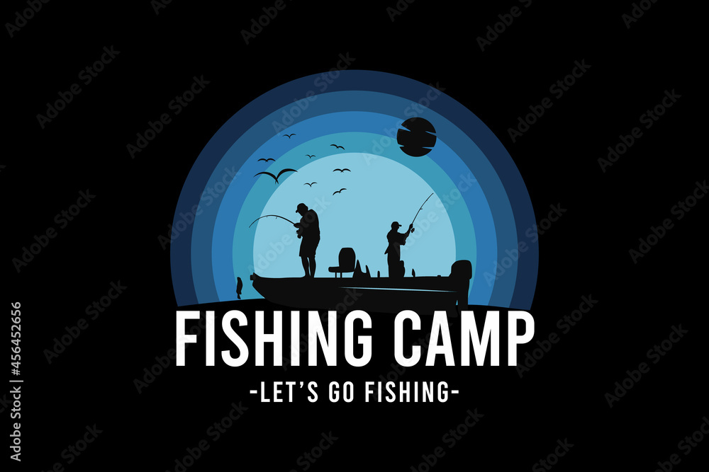 20.Fishing camp, silhouette retro vintage style hand drawing