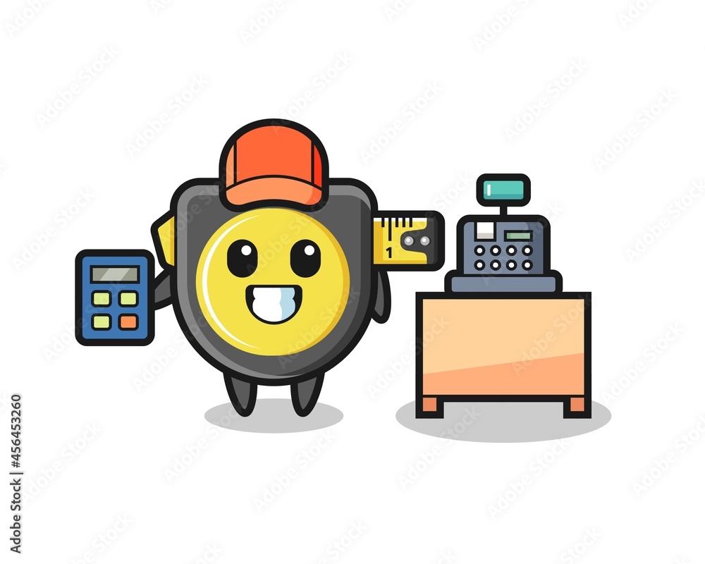 Illustration of tape measure character as a cashier