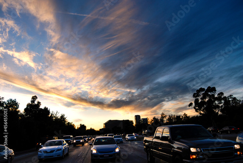 Freeway commuter traffic in Los Angeles at sunset