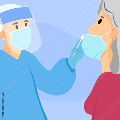 Nurse taking PCR test nasopharyngeal to elder woman patient. Doctor testing patients. Coronavirus clinical test to patient. Experienced lab technician collecting the sample of mucus from the female.  (ID: 456455089)