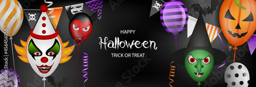 Happy halloween banner with party balloons, streamers and pennants