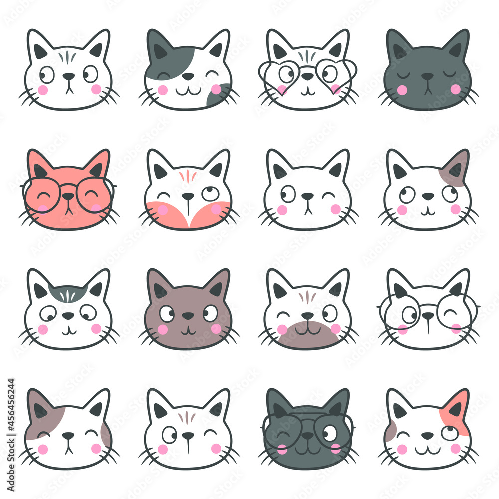 Set of cute cats head hand drawn