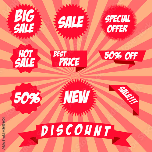 Sale tags collection Red. 50 off Special offer, big sale, discount, best price, mega sale banner set.
