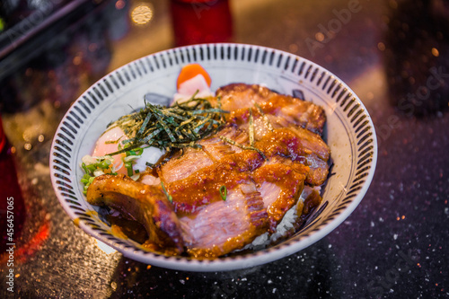 A bowl of Japanese pork belly Don served at a restaurant called Gochi-So Shokudo at Singapore Jewel Changi international airport. photo