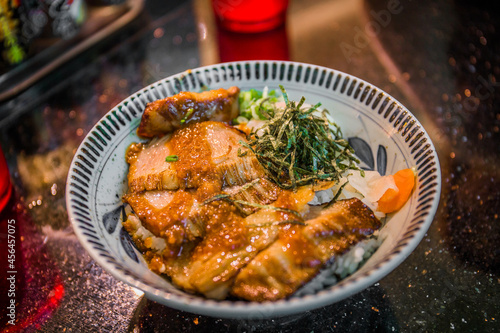 A bowl of Japanese pork belly Don served at a restaurant called Gochi-So Shokudo at Singapore Jewel Changi international airport.