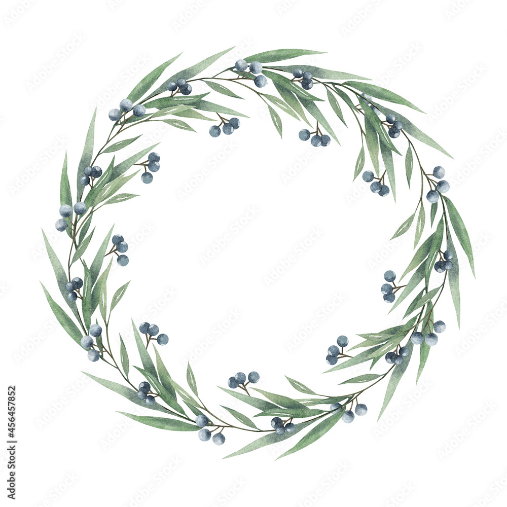 A watercolor wreath of herbs and blue berries.