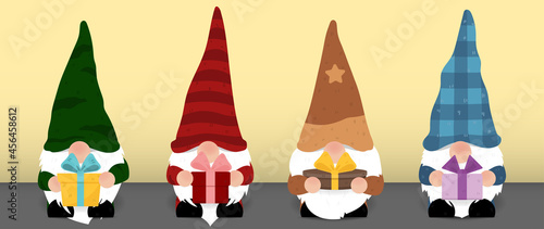 Set of cute Gnomes cartoon characters wearing hats holding colorful gift boxes isolated on yellow background. Symbols cartoon character collection for decoration Christmas cards. Vector illustration.