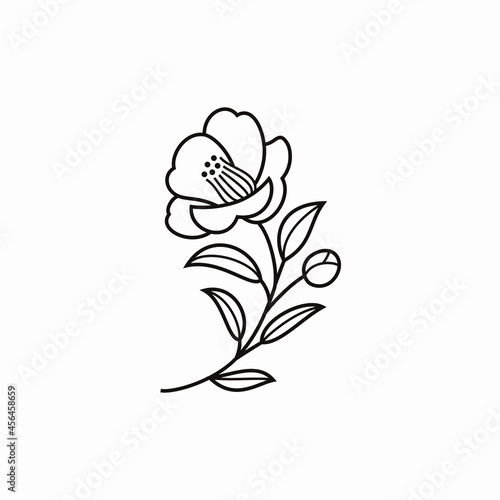 椿、花、ロゴ、アイコンのための、シンプルな線画。
