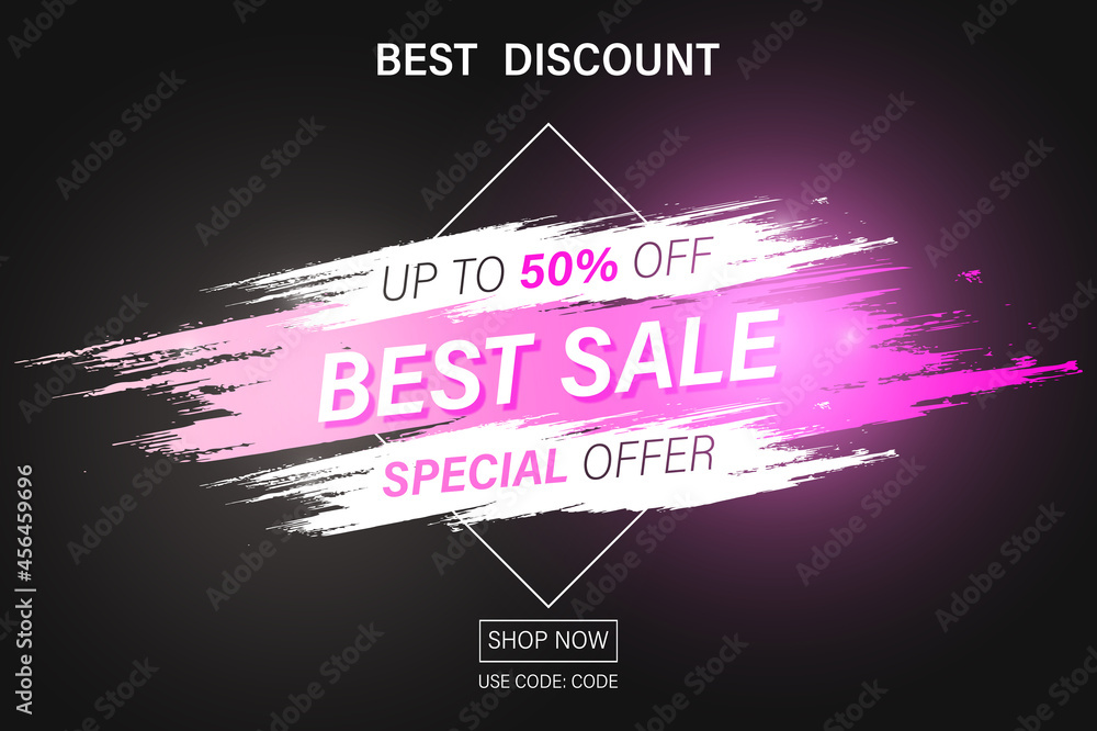 Icon, Banner, Sticker with Text Best Sale Discounts 50 percent Off, Special offer with texture paint brush and neon light on black Icon, Banner, Sticker with Text Best Sale Discounts 50 percent Off, Special offer with texture paint brush and neon light on black