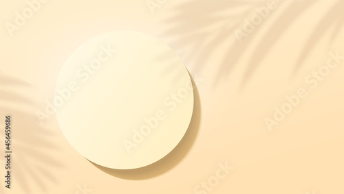 Minimalistic geometric background with shadow of palm leaves and podium. Scene for product display. Top down view. Vector illustration
