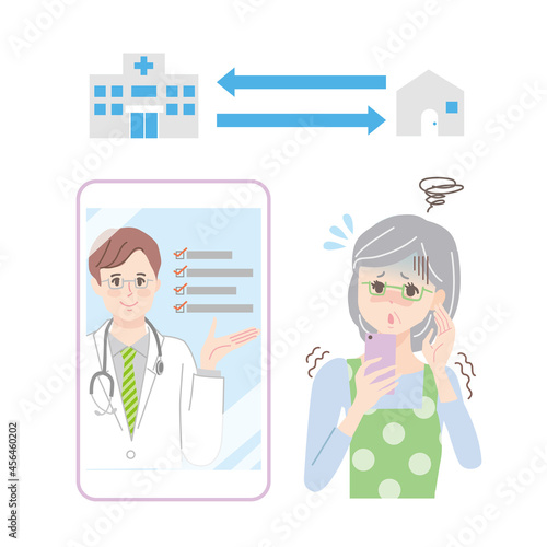 スマホでオンライン診療を受けるシニア女性