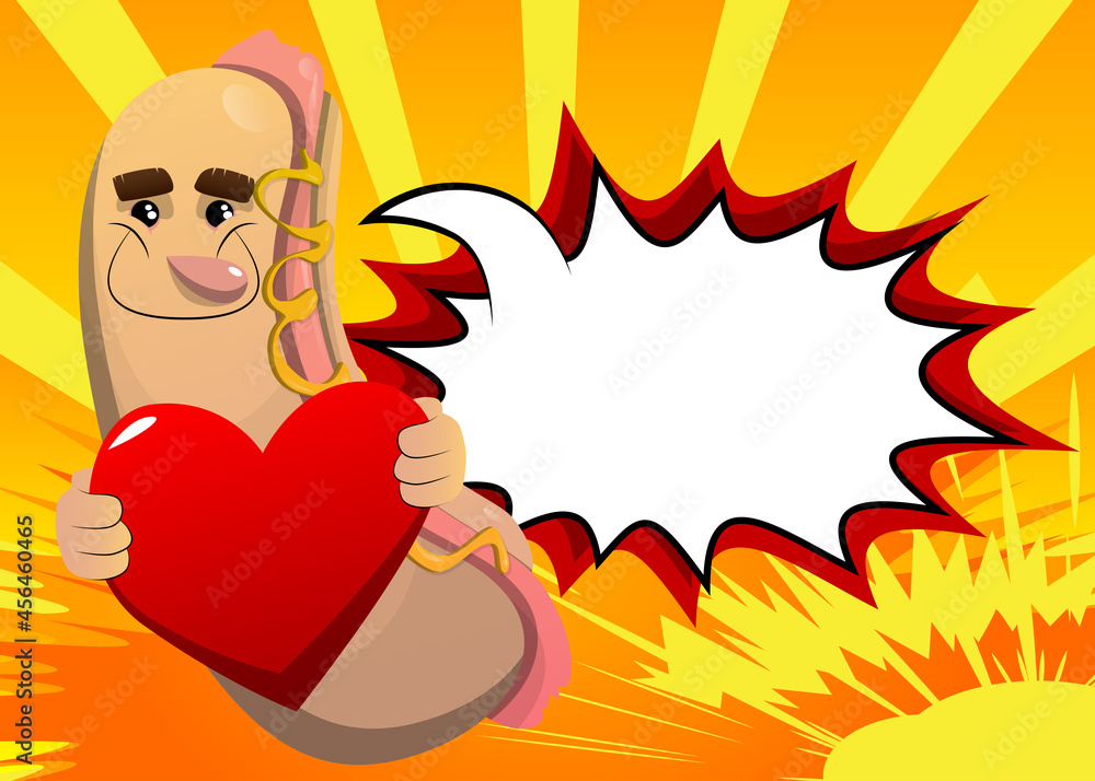 Plakat Hot Dog hugging big red heart. American fast food as a cartoon character with face.
