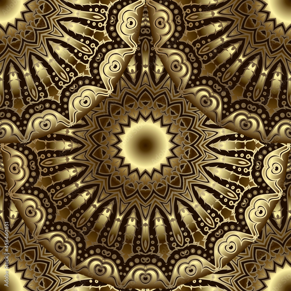 Luxury gold 3d seamless pattern. Vector glowing golden flowers background.  Repeat ornate backdrop. Textured arabesque ornament. Ornamental surface oriental style design with flowers, round mandalas