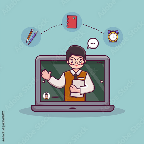 Online learning concept teacher with books and chalkboard video lesson Online education on laptop