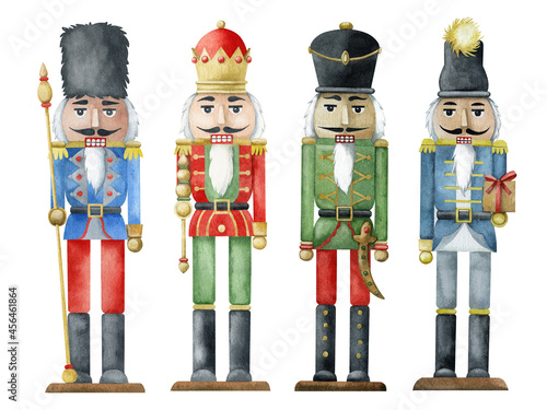 A watercolor set of four hand-drawn nutcracker soldiers. A Christmas card. Winter holidays. photo