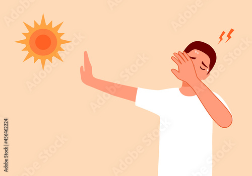Sweaty man suffering from hot weather strong sunlight in flat design. Headache from heatstroke. Hot summer day.