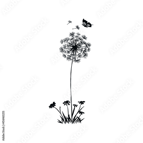 Dandelion and butterfly silhouette. Hand drawn vector clip art. 
