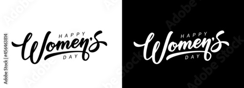 Happy Women's Day hand drawn lettering. Calligraphic text isolated on black and white for postcard, poster, banner design element. Women's Day script calligraphy. Ready holiday lettering design.