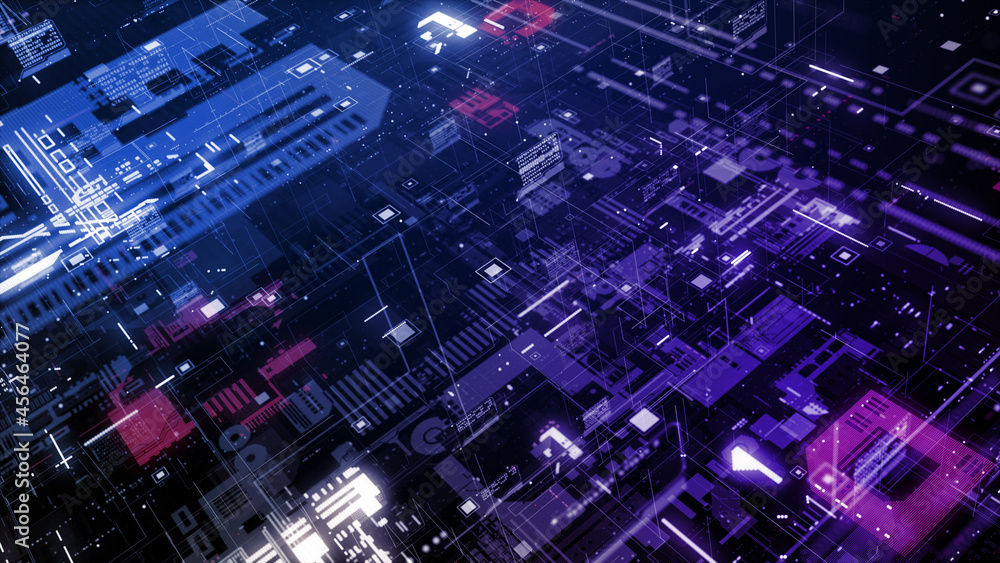 Circuit board and data network connections. Transfer digital data high-speed internet. Technology digital data in the future background concept. 3D Rendering Circuit board and data network connections. Transfer digital data high-speed internet. Technology digital data in the future background concept. 3D Rendering