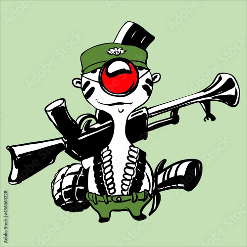 A soldier with a gun a knife and a grenade waiting for the order of the command.