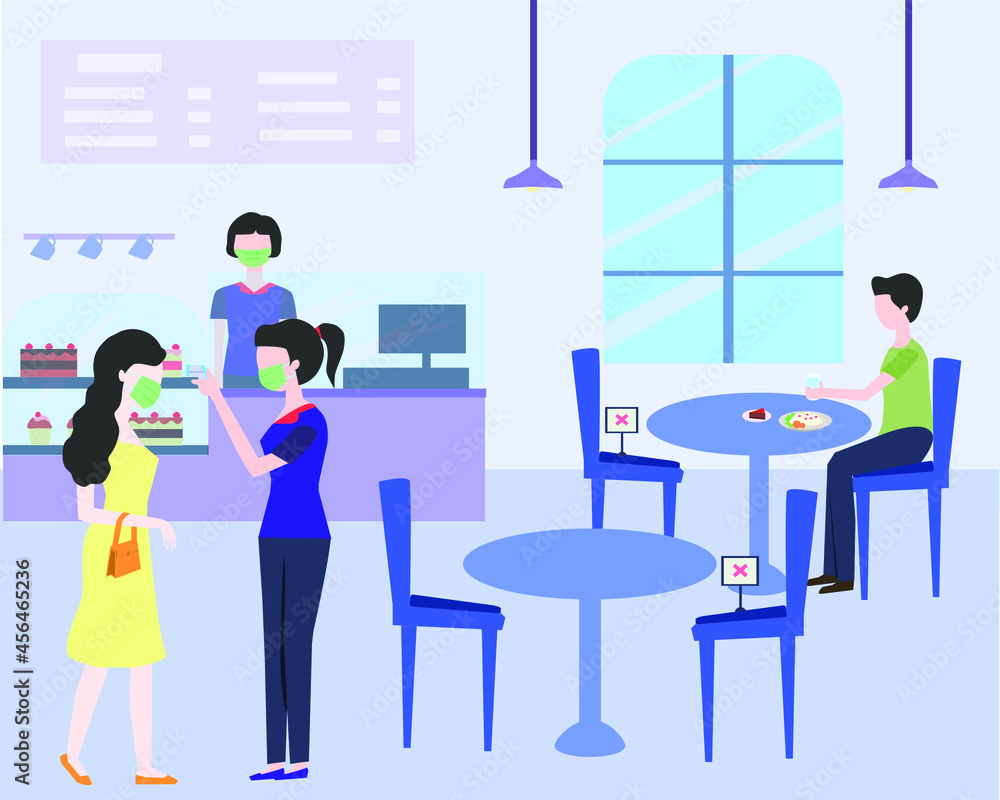 The cafe has anti-Covid-19, staff measures the temperature for customers. The cafe has anti-Covid-19, staff measures the temperature for customers.