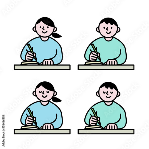 机で勉強をする子どもイラスト素材