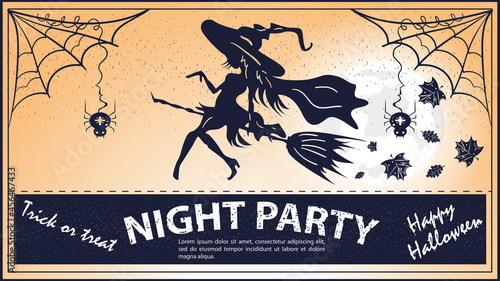 Vintage invitation for the Halloween holiday flying on the background of the moon witch