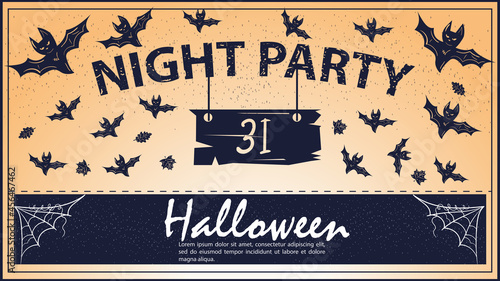 Vintage invitation for the Halloween holiday sign with date and bats