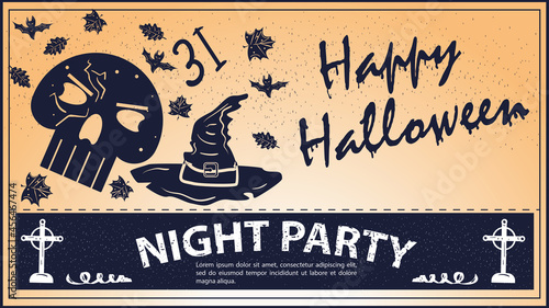 Vintage invitation for the Halloween holiday skull and witch hat