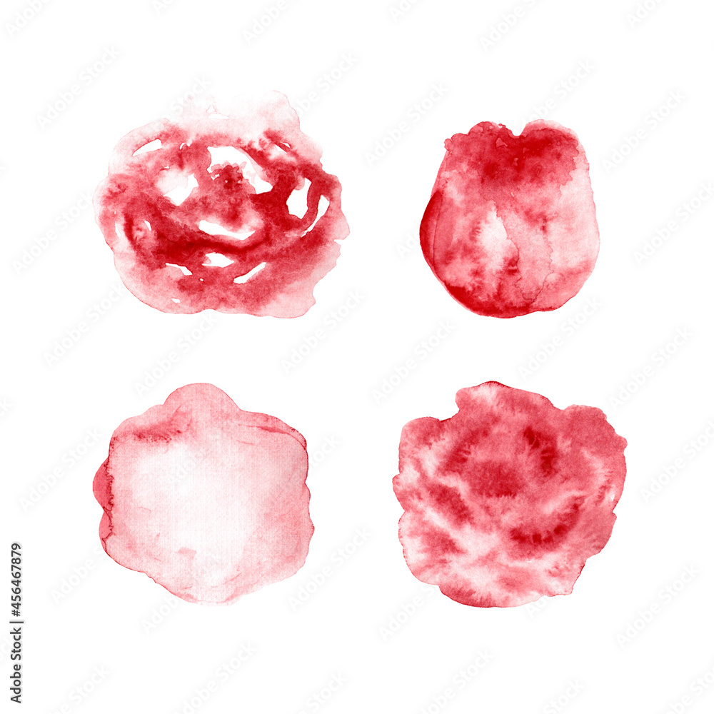 red watercolor buds and roses and red watercolor spots - hand drawn and isolated on white. raster illustration of red roses and spots 

