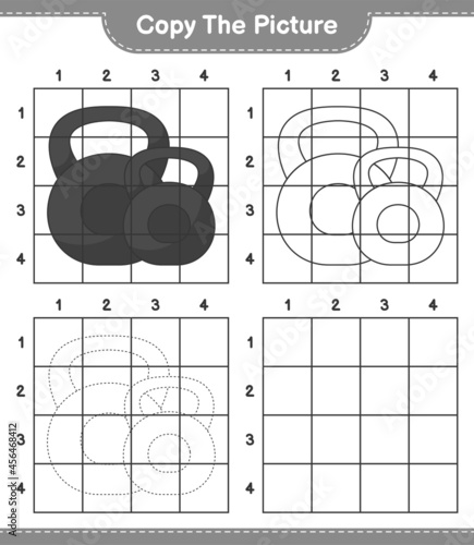 Copy the picture, copy the picture of Dumbbell using grid lines. Educational children game, printable worksheet, vector illustration