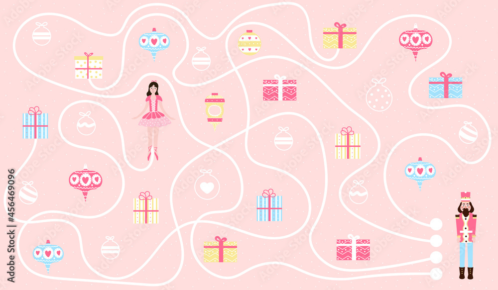 Christmas find way game for kids with nutcracker character and ballerina, xmas decoration balls, gift boxes Christmas find way game for kids with nutcracker character and ballerina, xmas decoration balls, gift boxes