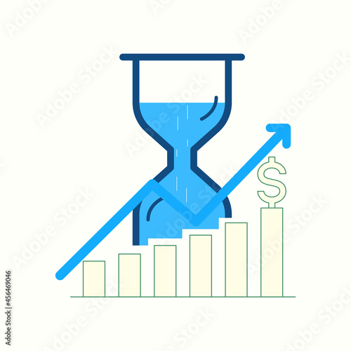 Moving up arrow, dollar bar chart growing, hourglass sand passing from upper to lower background. Quantitative relation between time and money as a gimmick of productivity. Vector illustration.