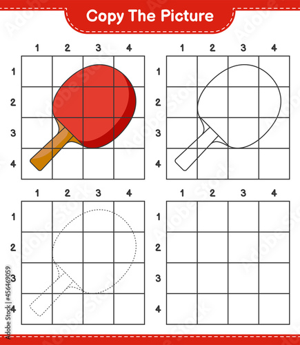 Copy the picture, copy the picture of Ping Pong Racket using grid lines. Educational children game, printable worksheet, vector illustration