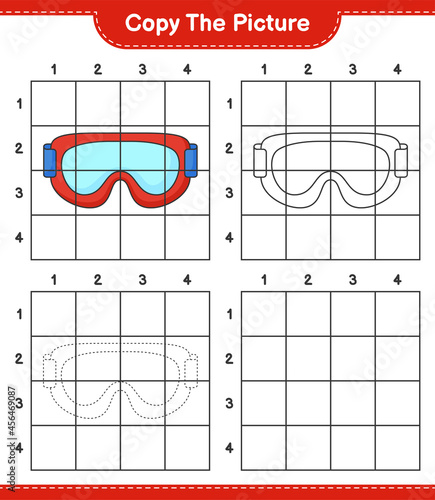 Copy the picture, copy the picture of Goggle using grid lines. Educational children game, printable worksheet, vector illustration