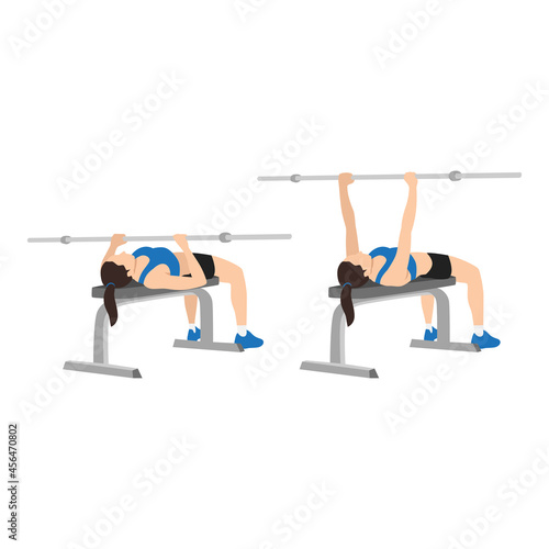 Woman doing Close grip overhand barbell bench press exercise. Flat vector illustration isolated on white background