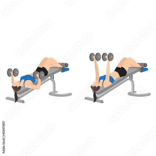 Woman doing Decline bench dumbbell press exercise. Flat vector illustration isolated on white background
