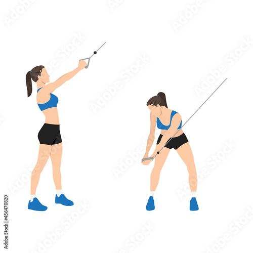 Woman doing Downward cable wood chops exercise. Flat vector illustration isolated on white background