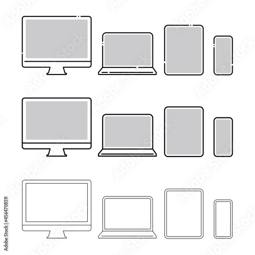 デスクトップPC、ノートPC、タブレット、スマートフォンの正面の手描き・基本線・パスのセット