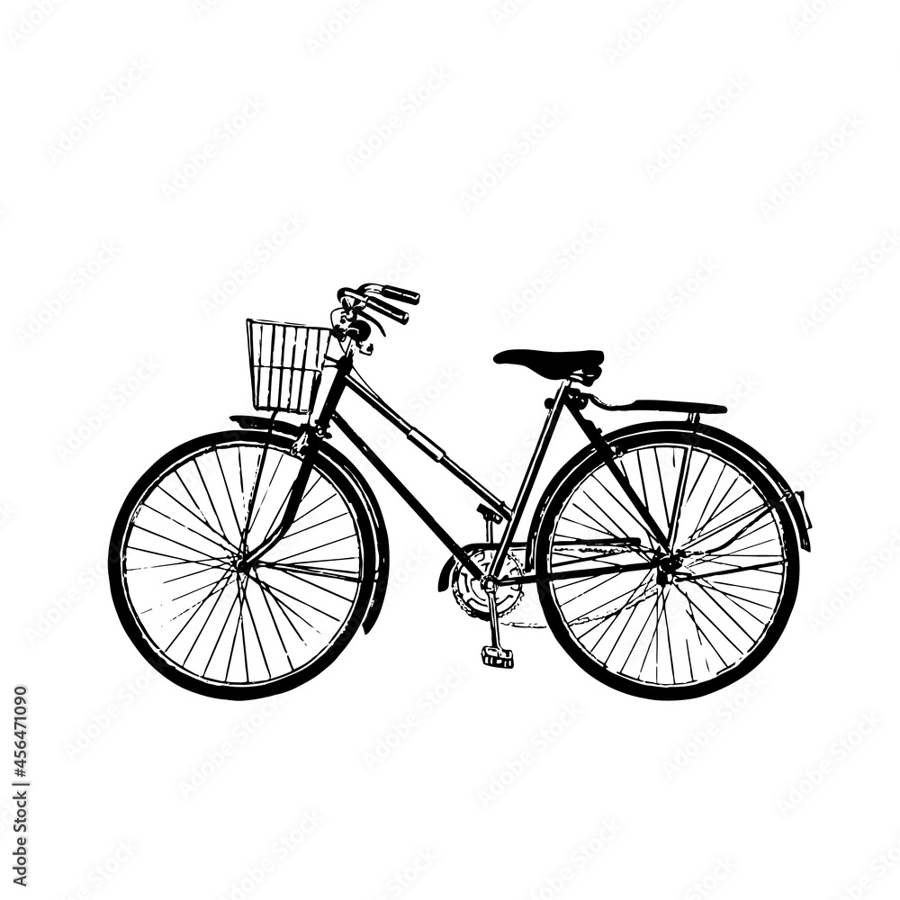 Bicycle with basket. Black and white illustration ink Bicycle with basket. Black and white illustration ink