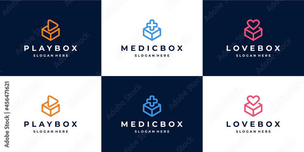 Box logo combine with play icon, medic, and love bundle logo design