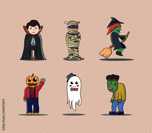 cute doodle chibi spooky hallowen character vector character illustration set